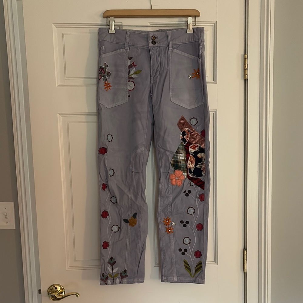 Pilcro Lavender Trousers with Floral Embroidery and applique